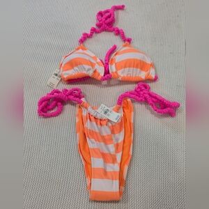 Aerie Scrunchie Tie String Triangle Bikini Checkered Orange White Pink